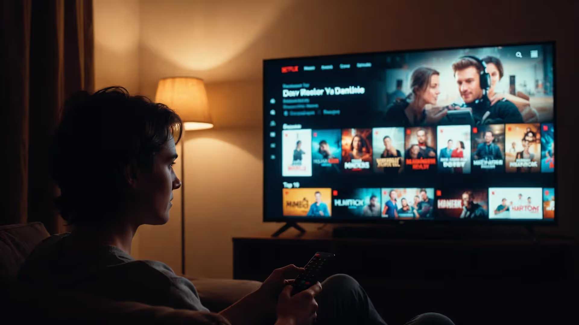 Человек листает каталог Netflix на телевизоре в тёмной гостиной