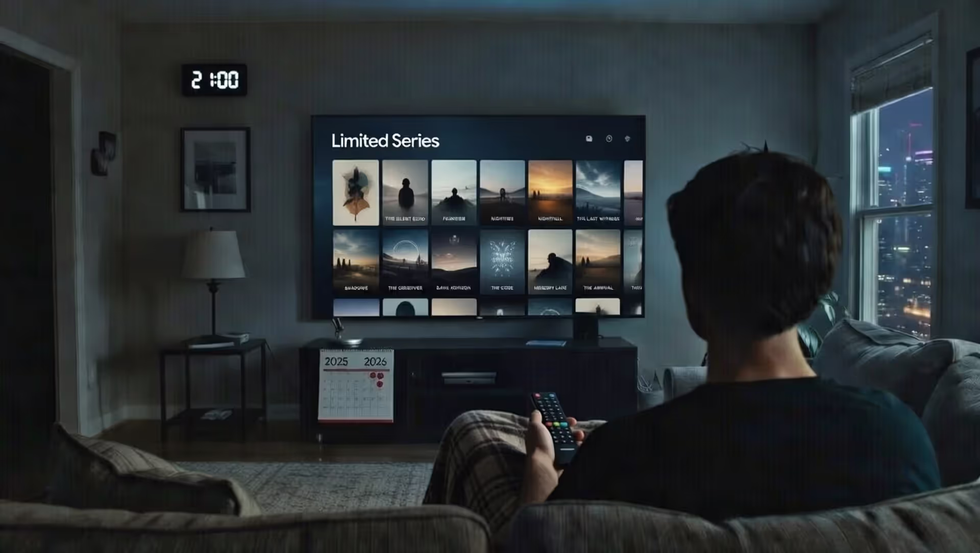 Человек выбирает мини-сериал на стриминговой платформе вечером